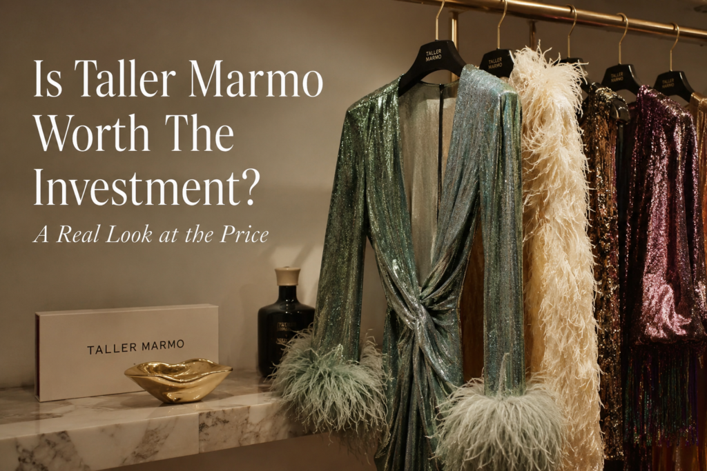 Luxury fashion blog thumbnail featuring elegant evening dresses on a clothing rack beside the headline, "Is Taller Marmo Worth The Investment? A Real Look at the Price," in a sophisticated boutique setting.