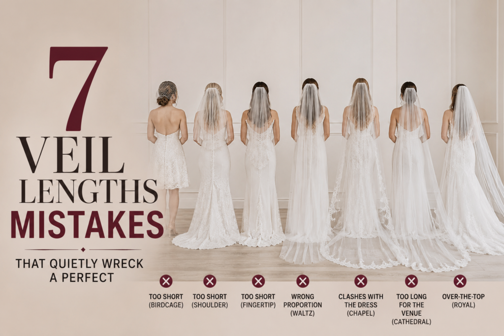 Illustration showing seven wedding veil lengths on brides wearing different dress styles, highlighting common veil length mistakes that can disrupt a balanced bridal look.