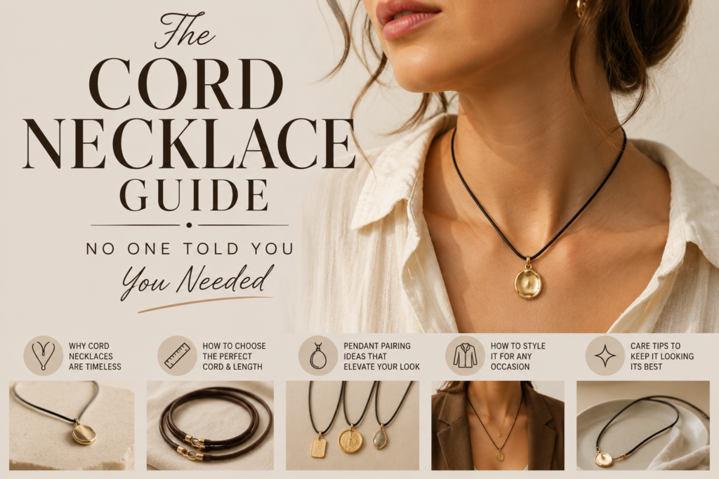 Editorial-style cover featuring a woman wearing a black cord necklace with a gold pendant, alongside the title "The Cord Necklace Guide No One Told You You Needed" and visuals highlighting styling tips, pendant ideas, cord options, and care advice.