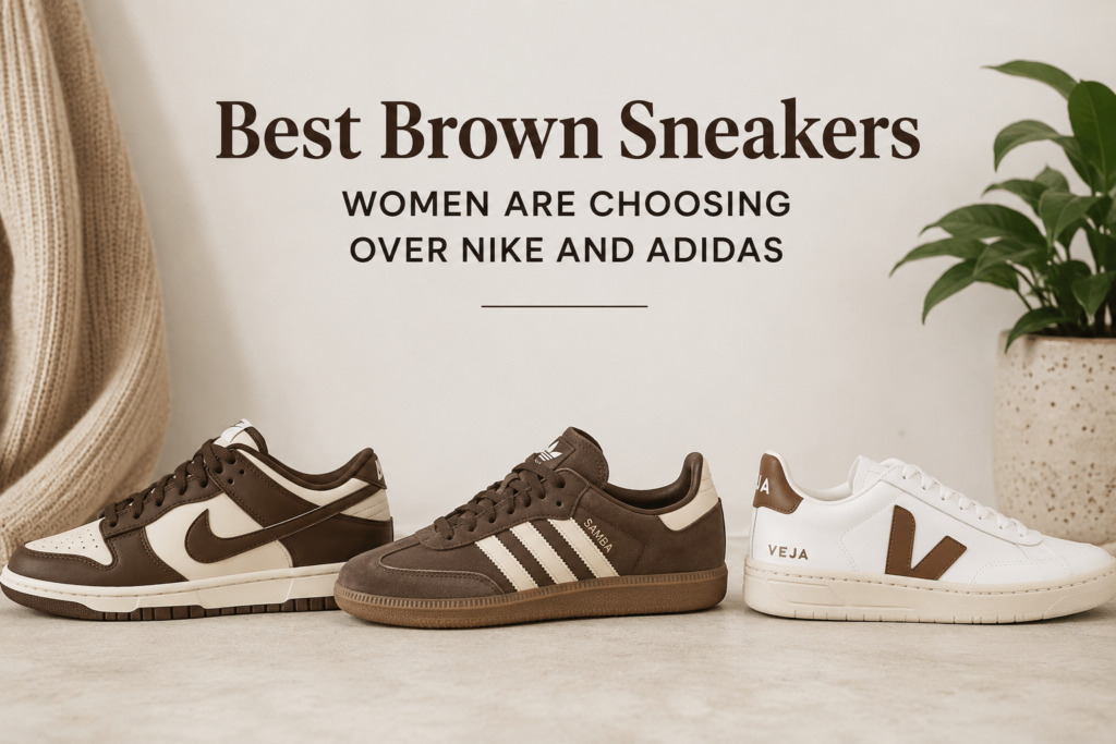 Alt text: Three brown women's sneakers, including Nike Dunk Low Cacao Wow, Adidas Samba OG Cardboard, and Veja Campo Extra-White Camel, displayed side by side with the headline "Best Brown Sneakers Women Are Choosing Over Nike and Adidas."