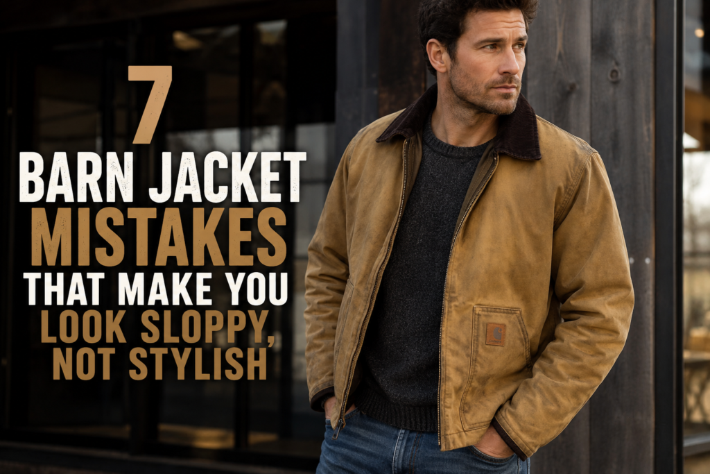 Alt text: Man wearing a tan barn jacket with a corduroy collar beside the headline "7 Barn Jacket Mistakes That Make You Look Sloppy, Not Stylish" in a modern, eye-catching fashion graphic.