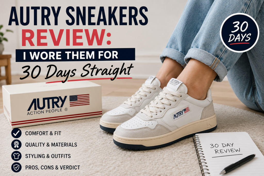 Person wearing white Autry sneakers after 30 days of daily use, highlighting comfort, fit, quality, styling, and overall performance in a detailed sneaker review.