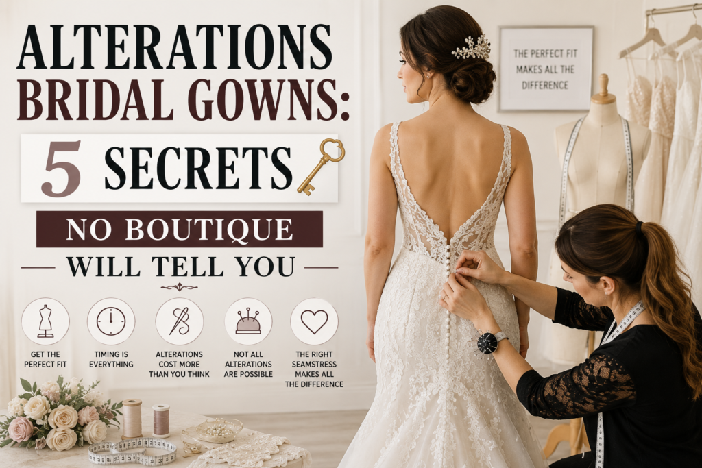 Seamstress performing bridal gown alterations on a bride during a wedding dress fitting, showing professional tailoring techniques for the perfect fit before the wedding day.