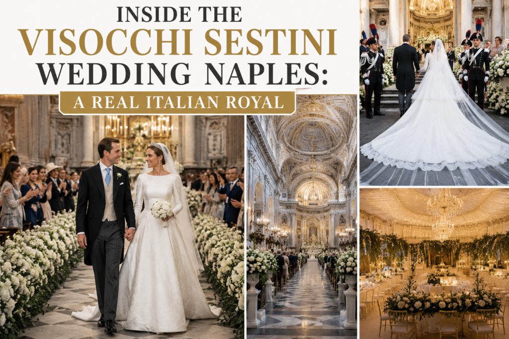 Elegant Italian wedding ceremony in Naples featuring a luxurious bridal gown, historic church venue, and lavish reception décor, inspired by the Visocchi Sestini wedding celebration.