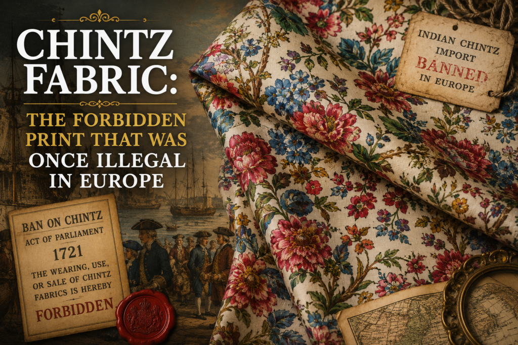Traditional chintz fabric with colorful floral patterns displayed alongside vintage European trade imagery, illustrating the history of the once-banned printed cotton textile from India.