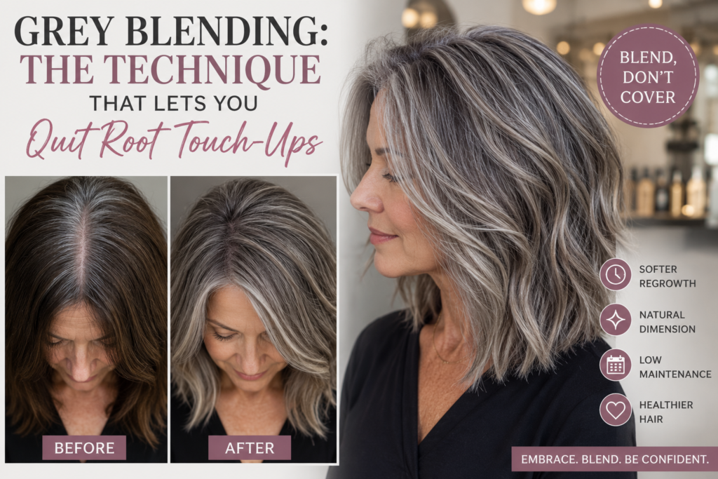 Before-and-after grey blending hair transformation showing natural-looking silver highlights that soften grey regrowth and reduce the need for frequent root touch-ups.