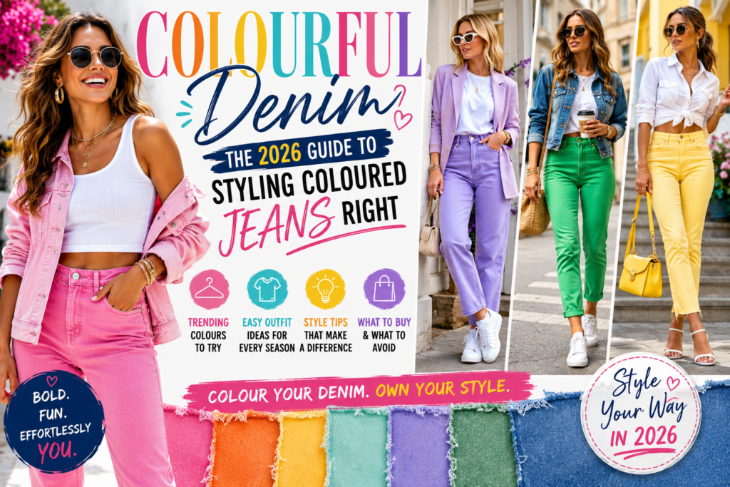 Models wearing colourful denim outfits in pink, purple, green, and yellow jeans, demonstrating stylish ways to wear coloured denim for casual and street-style fashion in 2026.