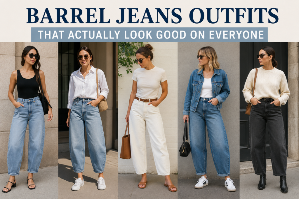 Woman wearing stylish barrel jeans outfits with fitted tops, denim jackets, sweaters, and sneakers, showcasing flattering casual fashion looks for different body types and everyday wear.