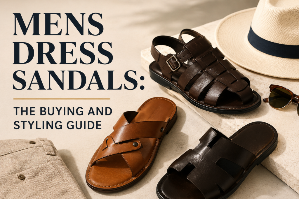 A collection of premium men's dress sandals in black and brown leather displayed in a stylish editorial layout with a summer hat, sunglasses, and linen fabric, illustrating a complete buying and styling guide for men's dress sandals.
