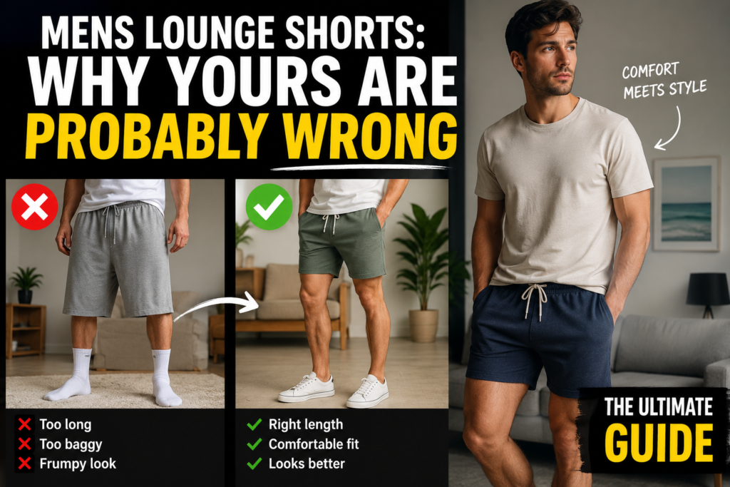 A stylish comparison of men's lounge shorts showing an oversized, baggy pair versus a modern tailored fit, with a casually dressed man demonstrating how the right lounge shorts improve comfort, appearance, and everyday style.