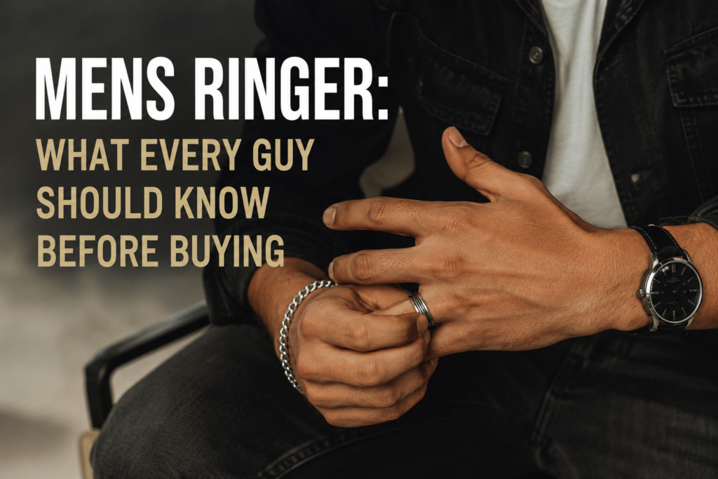 "Close-up of a stylish man wearing a silver ring, bracelet, and wristwatch, with the headline 'Men's Rings: What Every Guy Should Know Before Buying' displayed on the left against a dark background."