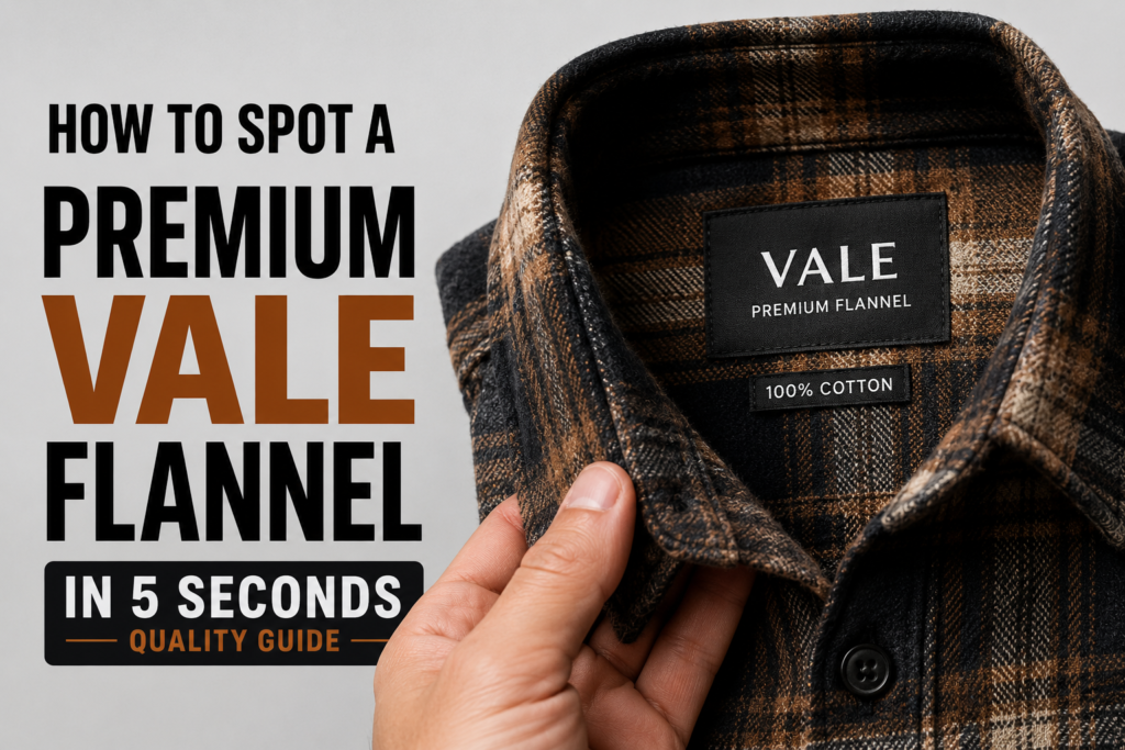 Close-up of a premium Vale flannel shirt with a hand inspecting the collar for fabric quality and stitching, illustrating how to spot a high-quality flannel in seconds.