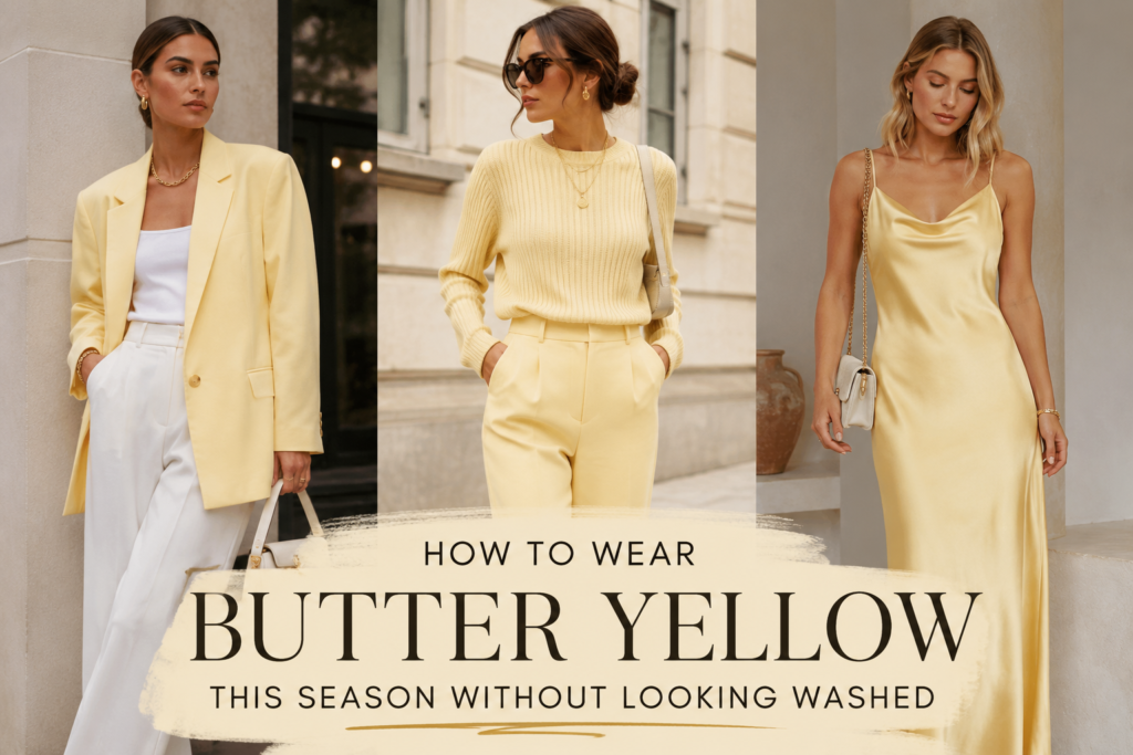 Alt text: Three women wearing butter yellow outfits, including a blazer, knit set, and satin dress, showing stylish ways to wear butter yellow this season without looking washed out.