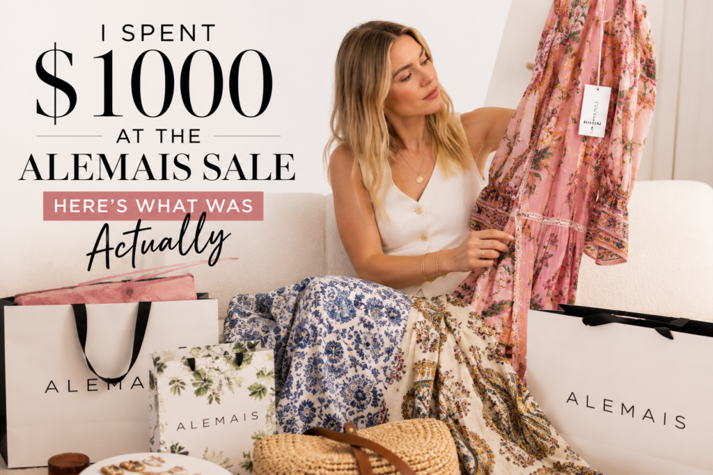 Editorial-style feature image of a woman reviewing her Alemais sale purchases, holding a patterned dress while surrounded by shopping bags and clothing, with the headline "I Spent $1000 at the Alemais Sale — Here's What Was Actually Worth It."