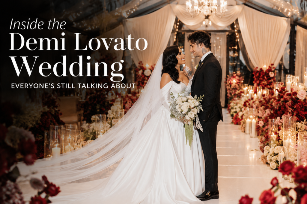 Magazine-style feature image of Demi Lovato and Jordan "Jutes" Lutes on their wedding day, standing together in a candlelit reception venue with elegant floral arrangements and the headline "Inside the Demi Lovato Wedding Everyone's Still Talking About."
