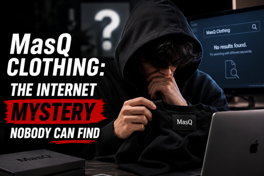 Person examining a black MasQ clothing hoodie while searching online, illustrating the mystery behind the hard-to-find MasQ clothing brand.