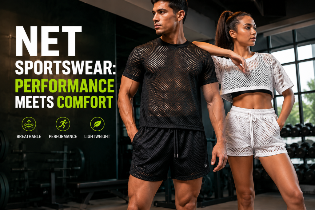 Male and female athletes wearing breathable net sportswear in a modern gym, showcasing lightweight mesh activewear designed for comfort, airflow, and high-performance training.