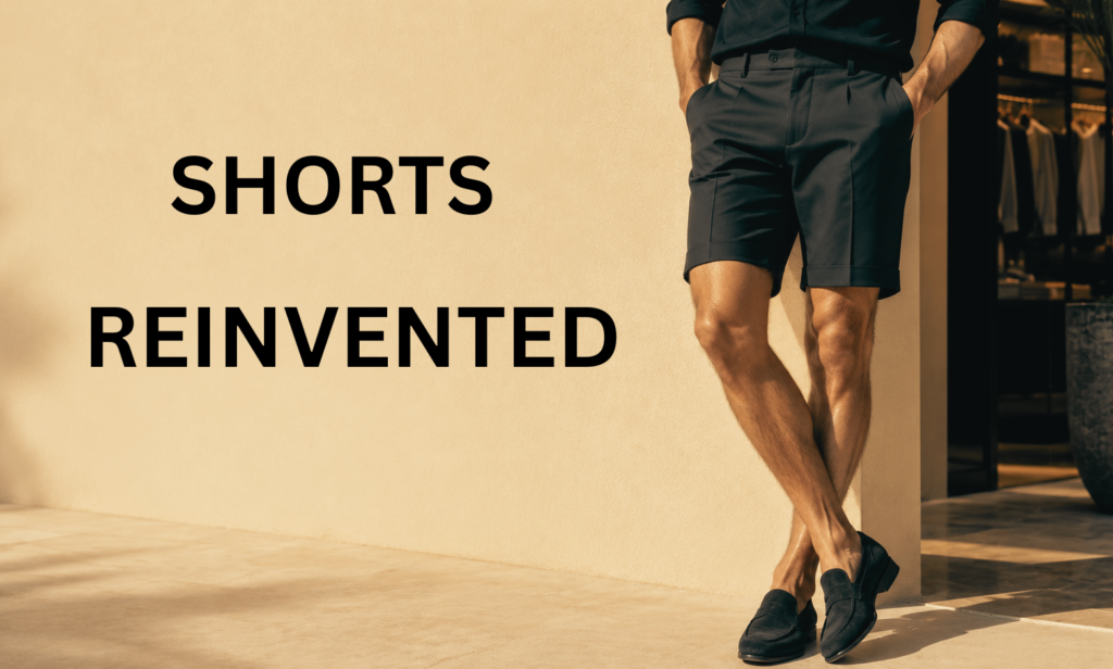 Premium Tom Ford-style men's tailored shorts featured in a luxury fashion editorial setting, highlighting quality craftsmanship and timeless summer style for a buying guide titled "Don't Buy Tom Ford Shorts Until You Read This First.