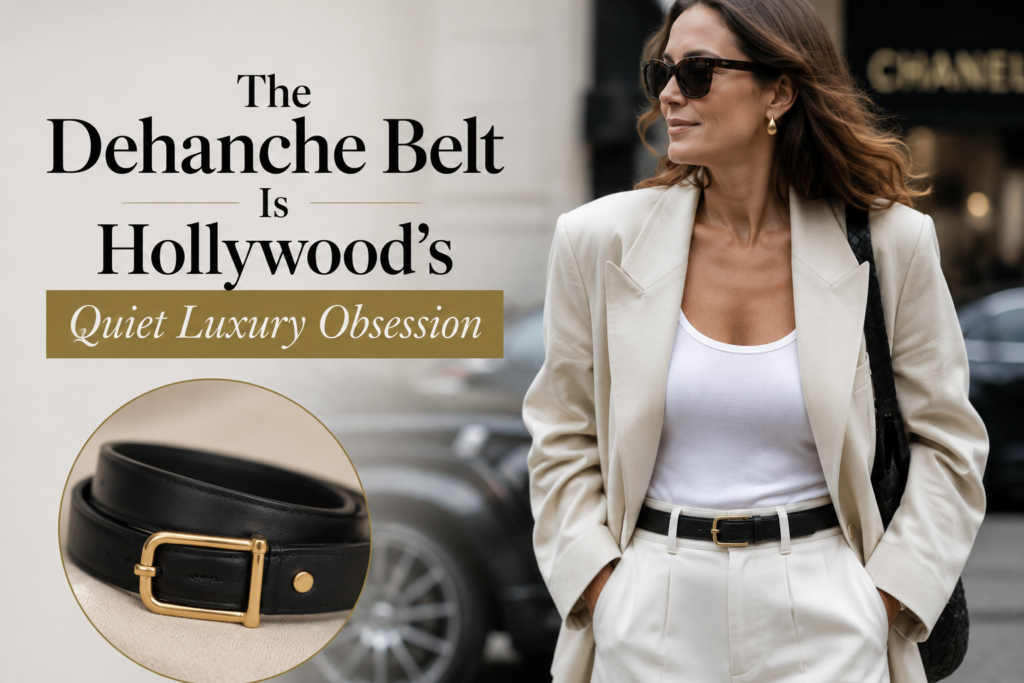 Editorial-style feature image of a woman wearing a minimalist black leather belt with gold hardware, alongside a close-up of the belt, with the headline "The Dehanche Belt Is Hollywood's Quiet Luxury Obsession."