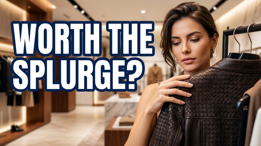 Person examining a luxury Bottega-style leather jacket in a high-end fashion boutique before buying.