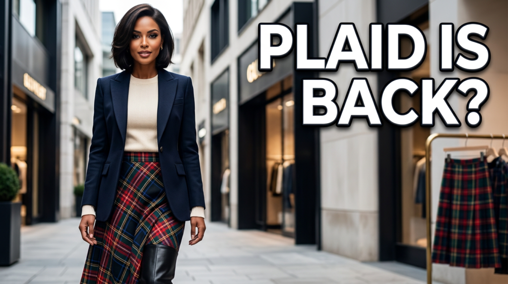Fashionable woman wearing a modern plaid midi skirt with a fitted knit sweater, tailored blazer, and knee-high boots in a stylish city setting, showcasing the updated 2026 plaid skirt trend with contemporary silhouettes and timeless tartan patterns.