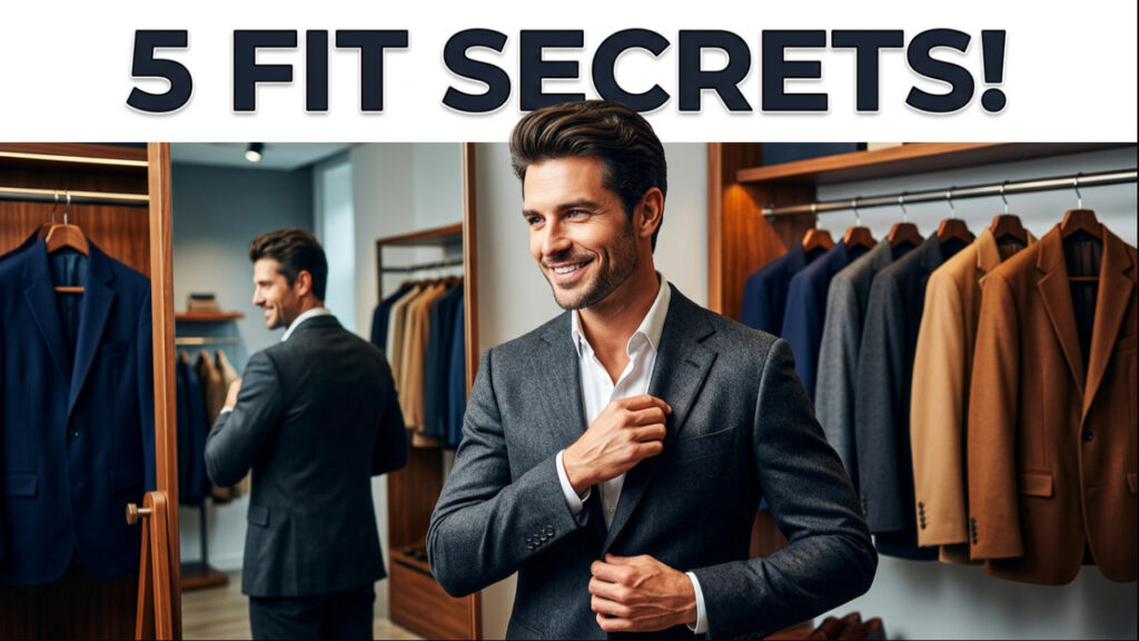 Stylish man examining the fit and fabric of a woolen blazer in a luxury menswear store, highlighting key factors such as material quality, shoulder fit, sleeve length, lapel design, and overall tailoring before buying a men's woolen blazer.